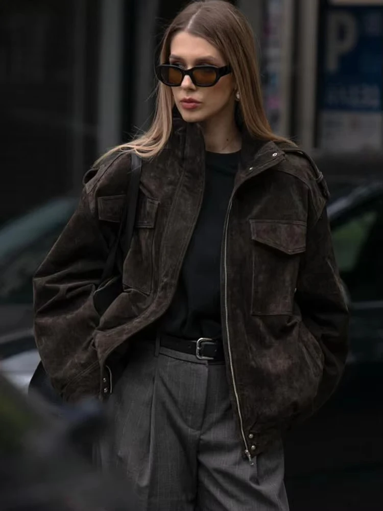 HH Giacca autunnale da donna Cappotto con cerniera a maniche lunghe Cappotto bomber Cappotti larghi con tasca Donna 2025 Capispalla da donna alla moda 3