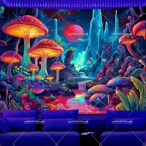 Fungo reattivo UV Blacklight Arazzo Wall Art Neon Paesaggio Arazzo Montagne Cascata Glow In The Dark Decor Poster 4
