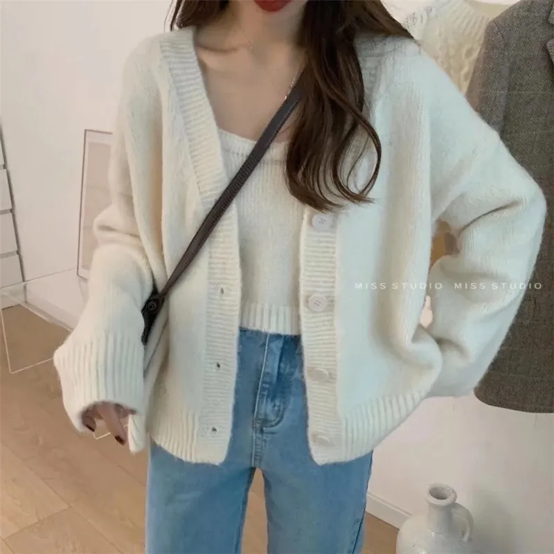 Cardigan con scollo a V a maniche lunghe e gilet lavorato a maglia, moda autunno inverno donna set da 2 pezzi lavorato a maglia tinta unita abiti casual eleganti 6