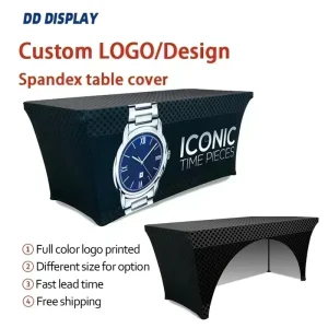 DD 4ft 6ft 8ft Logo personalizzato Spandex Copritavolo Tovaglia elasticizzata Hotel Banchetto Bancone espositivo di nozze Tovaglia decorativa 1