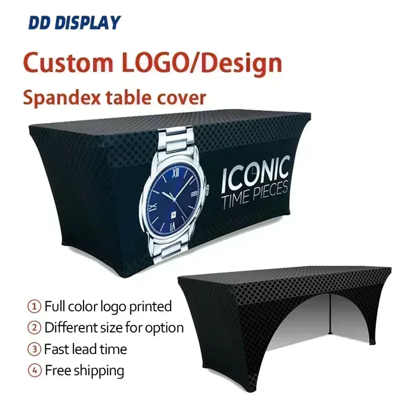 DD 4ft 6ft 8ft Logo personalizzato Spandex Copritavolo Tovaglia elasticizzata Hotel Banchetto Bancone espositivo di nozze Tovaglia decorativa 1