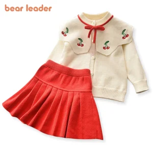 Bear Leader Set di vestiti per neonata Abiti dolci Autunno Inverno Bambini Ragazze Maglione ricamato lavorato a maglia a maniche lunghe + Gonna Set da 2 pezzi 1