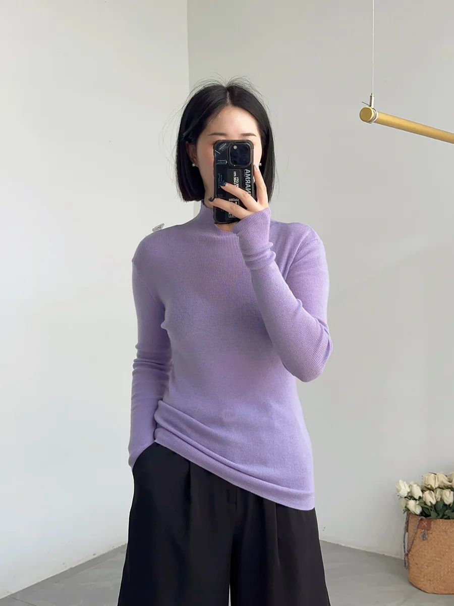 BirdTree, maglione sottile sottile sottile 100% lana, collo finto a maniche lunghe da donna, top elastico alto con fondo senza cuciture, autunno inverno 2025 T46985QM 3