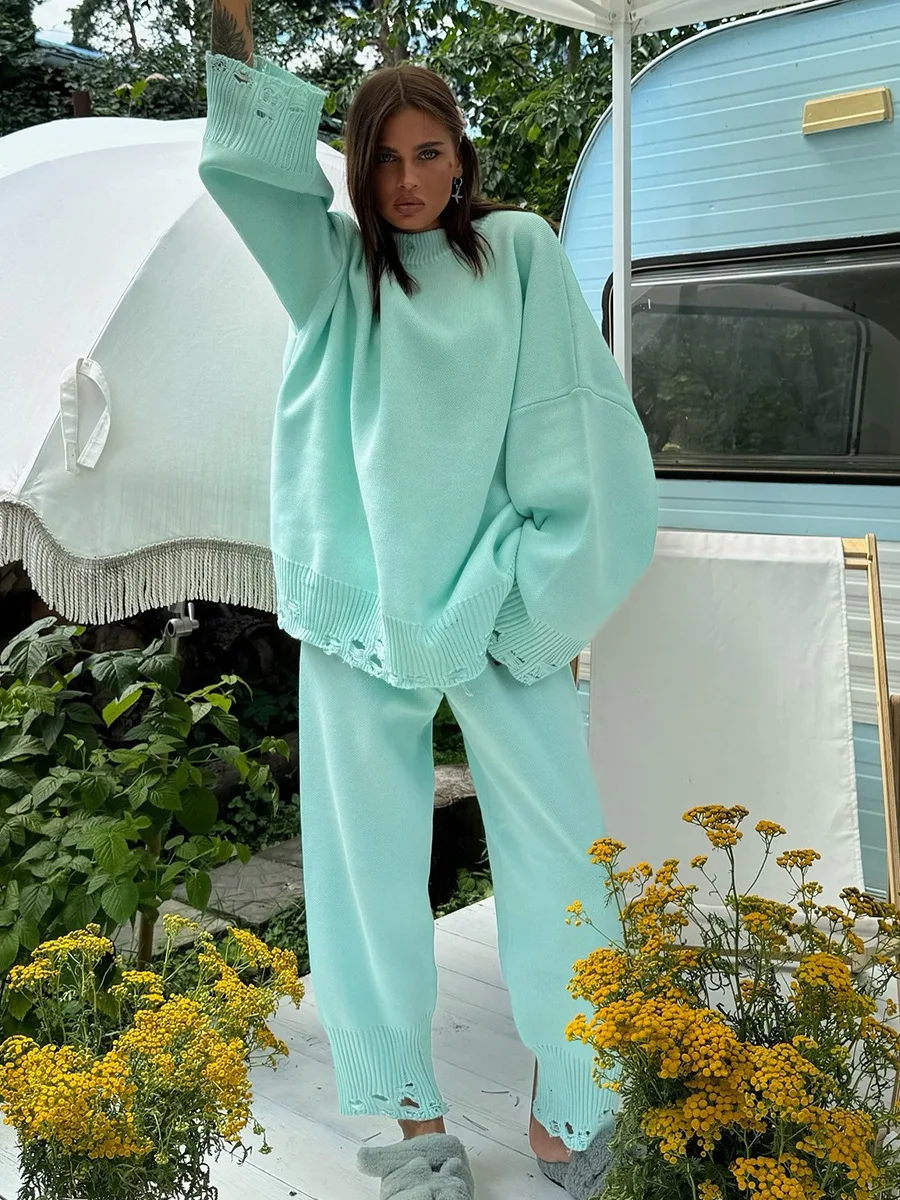 Set strappato a due pezzi Tute da donna in maglia O Collo Manica lunga Felpe larghe casual + Pantaloni da jogging Completi 2025 Autunno Inverno 3