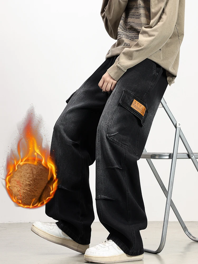 Jeans cargo in pile invernale da uomo con 5 tasche Jeans larghi dritti a gamba larga Pantaloni in denim caldo spazzolato Taglia asiatica L-6XL 2