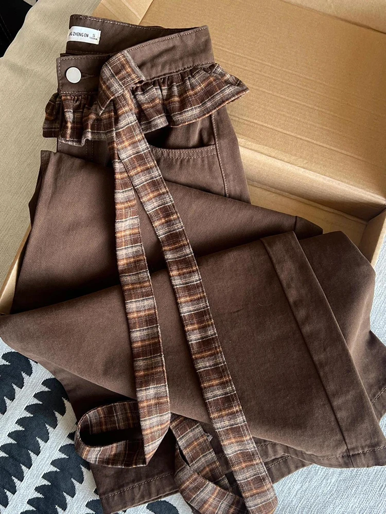 Jeans patchwork con fiocco vintage donna streetwear pantaloni in denim scozzesi larghi a vita alta Y2K pantaloni a gamba larga con cerniera coreana retrò nuovo 6