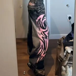 Y2K American Vintage Mottled Totem Stampa Jeans larghi Jeans a gamba larga a vita alta da donna Jeans hip-hop alla moda Harajuku da donna 1