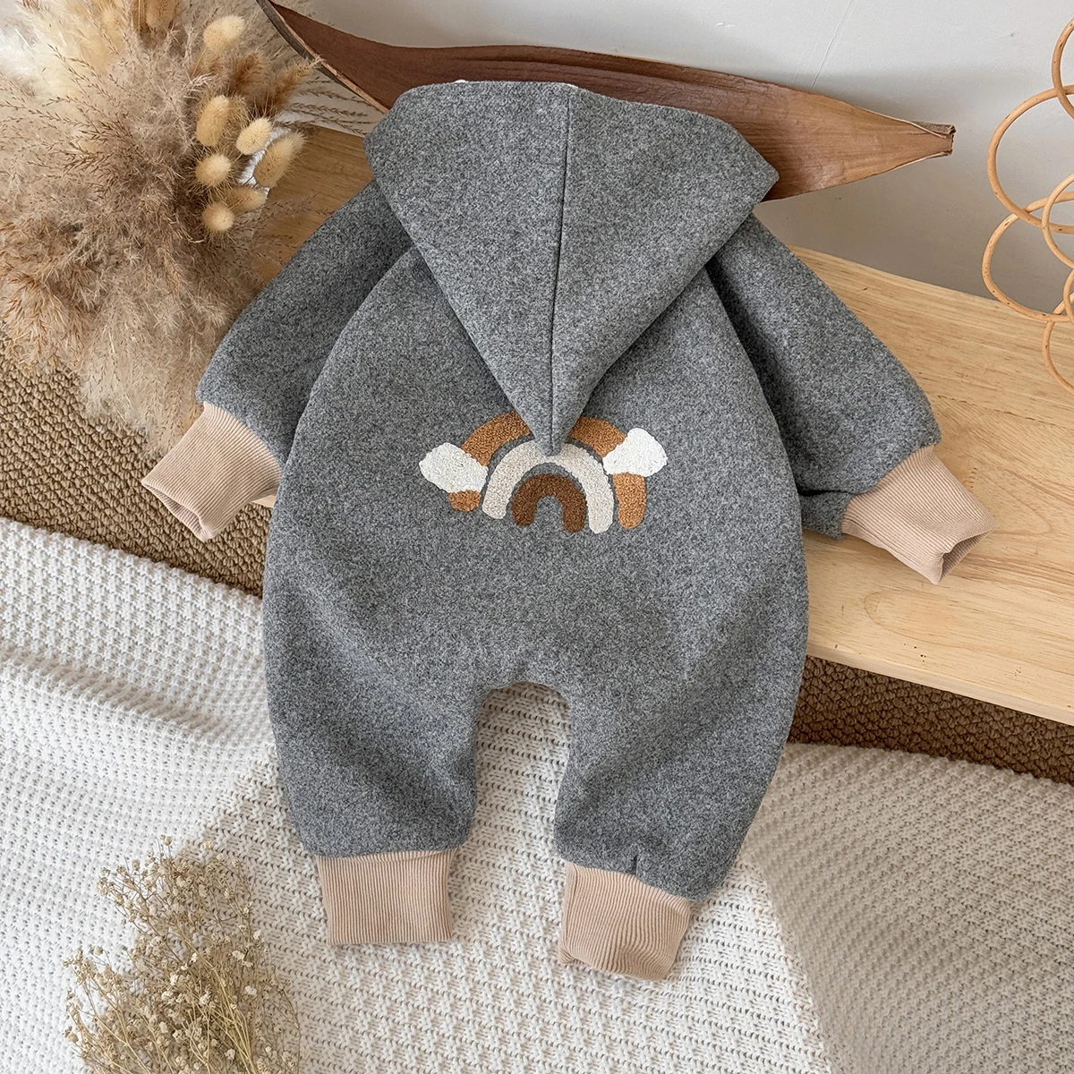Inverno Neonato Ragazzi Ragazze Jumpsuite Carino Arcobaleno Stampato Manica Lunga con Cappuccio Bambino Pagliaccetti Onepiece Morbido Quotidiano Bambino Abbigliamento 6