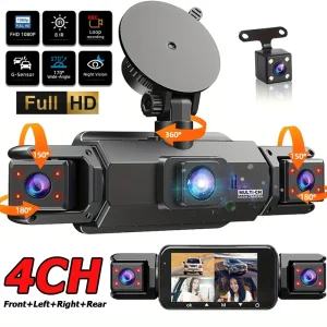 4 lenti 360 ° Dash cam Videoregistratore vocale 1080P Videocamera di registrazione DVR per auto Vista posteriore anteriore sinistra destra Dashcam automatico 4 canali Parcheggio 24 ore 1