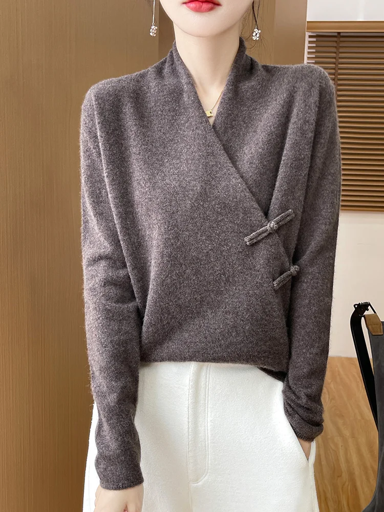 Maglione da donna in stile cinese Pullover Abbigliamento obliquo Autunno Inverno 100% maglione di lana merino con scollo a V Maglia sexy da ufficio Lady Top 4