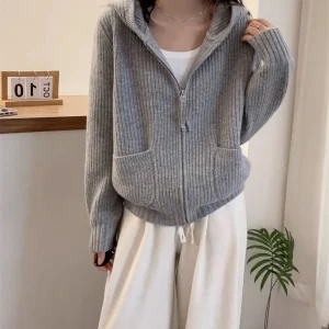 FRSEUCAG allentato casual 100% lana cardigan lavorato a maglia maglione con cappuccio da donna maglione di lana da donna a maniche lunghe corto vendita calda 1