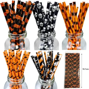 25/50/100pcs Tema di Halloween Cannucce di carta usa e getta Ragno Teschio Zucca Pipistrello Modello Happy Halloween Party Decor Supplies 1