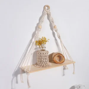 Mensole sospese a parete in legno Scaffali galleggianti Boho Mensola per piante macramè Decorazione da parete rustica per camera da letto Soggiorno Ufficio 1