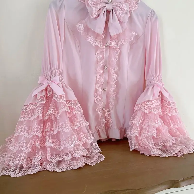 Camicia Lolita gotica e dolce - Camicetta arricciata a maniche lunghe per abiti JSK, top in pizzo per bambole Kawaii con maniche a sbuffo in rosa/bianco 2