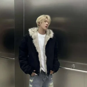 Giacca invernale in cotone con cappuccio con colletto in lana spessa americana retrò invernale Top in peluche da uomo Street Hip Hop Gothic Harajuku Giacca oversize 1