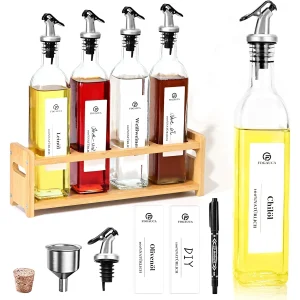 Set di bottiglie di aceto di olio con ripiano in bambù, dispenser di olio in vetro 4x500 ml con etichette bianche, organizer da cucina 1