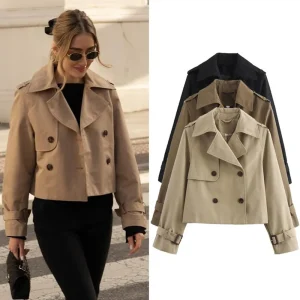 Trench corto da donna vintage primavera autunno giacca da donna streetwear doppio petto manica lunga top cappotto chic femminile 1