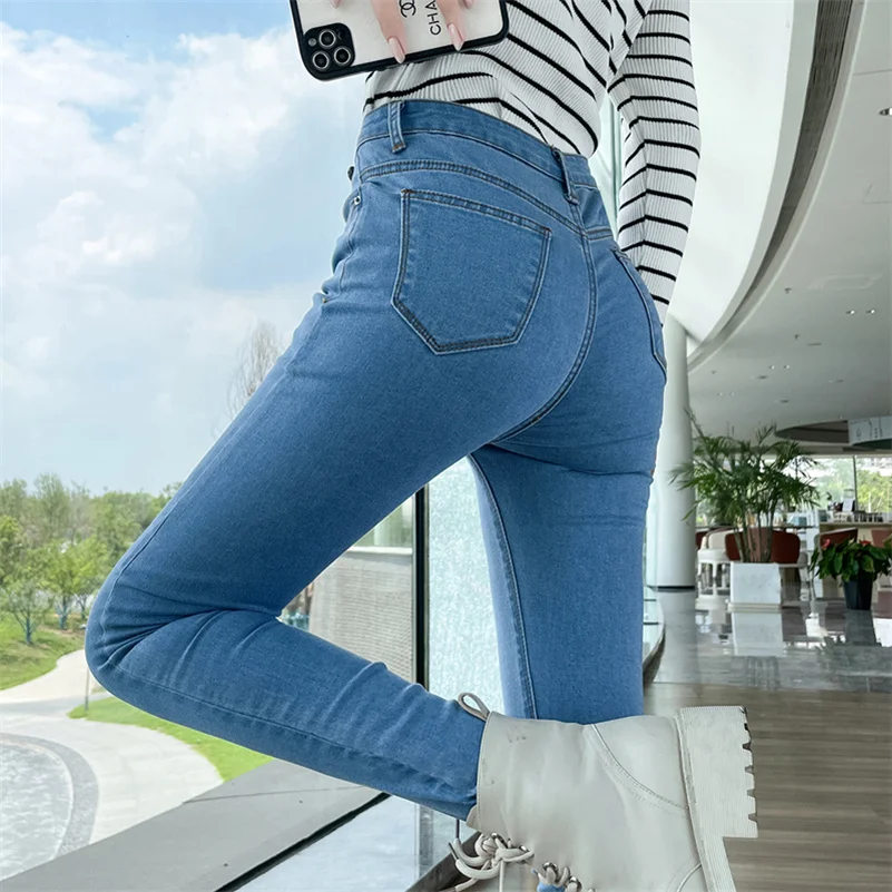 Jeans elasticizzati da donna Jeans skinny slim a matita da donna Pantaloni vintage a vita alta Leggings da ragazza Pantaloni moda coreana a gamba dritta 3