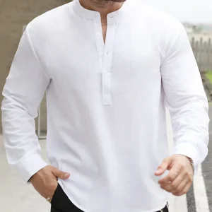 La nuova camicia a maniche lunghe da uomo in misto 95% cotone e lino per l'autunno è un top casual in regalo 1