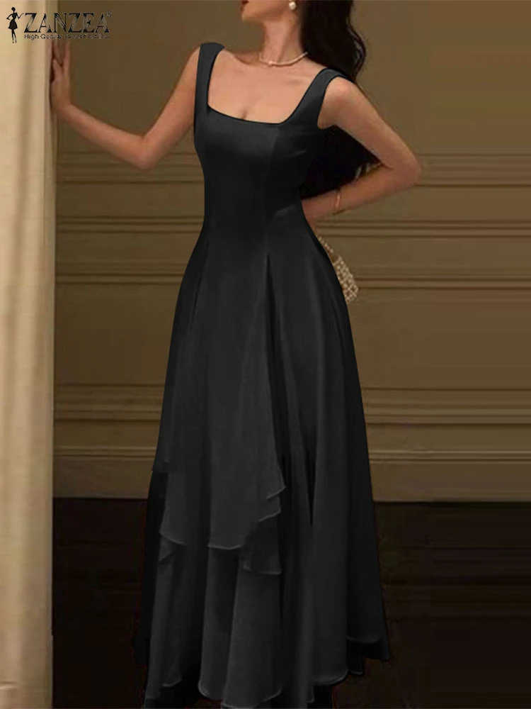 ZANZEA Vestito Da Partito Elegante Delle Donne 2025 Estate Senza Maniche Colletto Quadrato Sexy Increspato Maxi Vestito Estivo Casual Solido Abiti Lunghi Veste 2