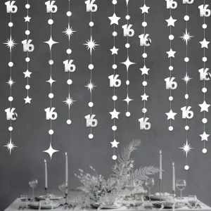 Argento numero 16 Circle Dots Twinkle Star Garland Banner decorazioni sullo sfondo per ragazze ragazzi 16th Birthday Anniversary Party 1