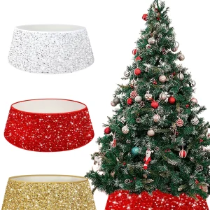 Colletto per albero di Natale con paillettes rosse Anello per alberi rotondi scintillanti Elegante collare per gonne per albero Base per alberi ricamati Ornamenti lucidi 1