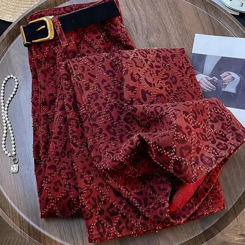 Moda American High Street Leopard Jeans Donna 2025 Nuovo Autunno Inverno Pantaloni a gamba larga in denim dritto Pantaloni a vita alta 2