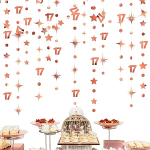Decorazioni per il 17° compleanno in oro rosa Numero 17 Cerchio Dot Star Ghirlanda Banner Sfondo per ragazze Forniture per feste del 17° compleanno 1