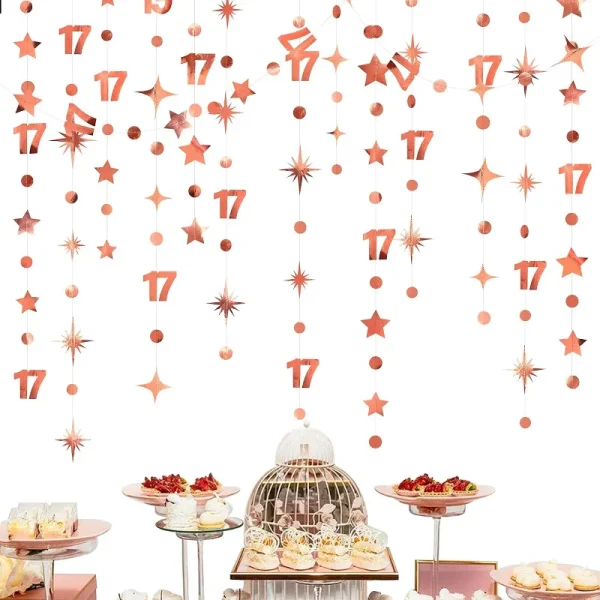 Decorazioni per il 17° compleanno in oro rosa Numero 17 Cerchio Dot Star Ghirlanda Banner Sfondo per ragazze Forniture per feste del 17° compleanno 1