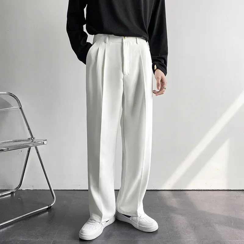 2025 nuovi uomini pantaloni dritti moda coreana pantaloni larghi casual drappeggiati larghi bianchi pantaloni larghi maschili streetwear 2