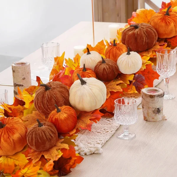 9 pezzi di zucche artificiali in velluto 3 dimensioni miste per la festa di Halloween, il Ringraziamento, la decorazione della tavola di casa, autunno, ghirlanda artigianale fai da te 4