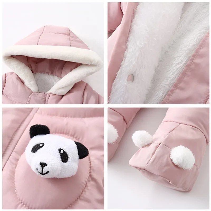 Cappotto invernale per bambini Simpatico panda pagliaccetto con guanti Neonato in cotone più velluto caldo tuta per bambini con cappuccio Set di abbigliamento infantile 0-18M 2