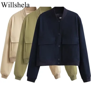 Willshela moda donna Solid Bomber giacche cappotto con tasche scollo a v monopetto maniche lunghe abiti da donna Chic 1