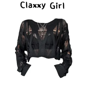 Maglione lavorato a maglia pullover gotico nero da donna Harajuku Y2k maglione a maniche lunghe maglione abiti estetici vintage anni 2000 2025 1