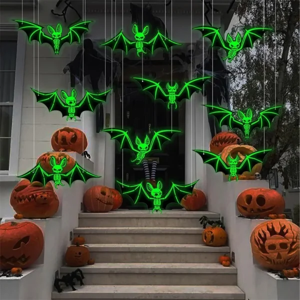 10/20/50 pipistrelli che si illuminano al buio pendenti di Halloween - Decorazioni in plastica verde incandescente 3D per feste in casa stregata 4