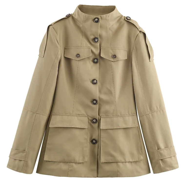 Tornova Giacca vintage kaki Cappotto da donna Slim Colletto alla coreana Tasche monopetto Cappotti a maniche lunghe Autunno Nuovo Pendolarismo Outwear 6