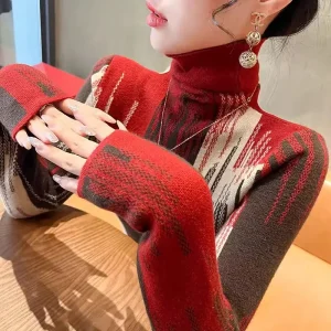 Abbigliamento da donna Moda All-match Patchwork Pullover in maglia Autunno Inverno Elegante maglioni dolcevita sottili Office Lady Chic Top 1