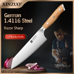 XINZUO Coltello da chef Bunka da 5,83 pollici tedesco DIN 1.4116 Acciaio 56±2 HRC 15 ° Rivetti in rame con manico in legno d'oliva ±1 bordi con confezione regalo 1