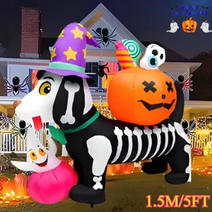 1.5M/5FT Decorazioni di Halloween Giocattolo Gonfiabile Scheletro di Cane con Zucca LED Light Up Blow Up Prato Modello Gonfiabile Decorazione Esterna 1