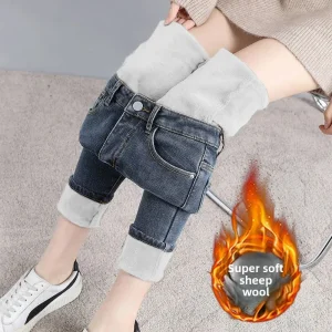 Jeans a nove punte a matita ispessita a vita alta elasticizzati a vita alta foderati in pile da donna Pantaloni casual taglie forti moda invernale 1