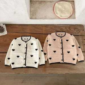 Cardigan lavorato a maglia a forma di cuore in puro cotone da bambina Ins, giacca maglione jacquard primavera autunno bambino 1