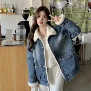 Giacca di jeans ispessita in velluto più da donna - Cappotto invernale caldo stile coreano oversize casual lavato con acqua 1
