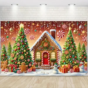 Christmas backdrops for gingerbread home decorations, festive wall decorations with snowmen, gingerbread people and candy parties banners 1