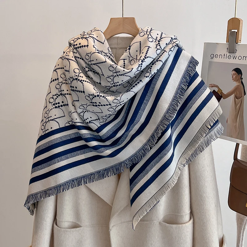 Sciarpa di cashmere da donna invernale di marca di lusso 2025 - Scialle con nappe stampato astratto, bandana di pashmina e poncho elegante 4