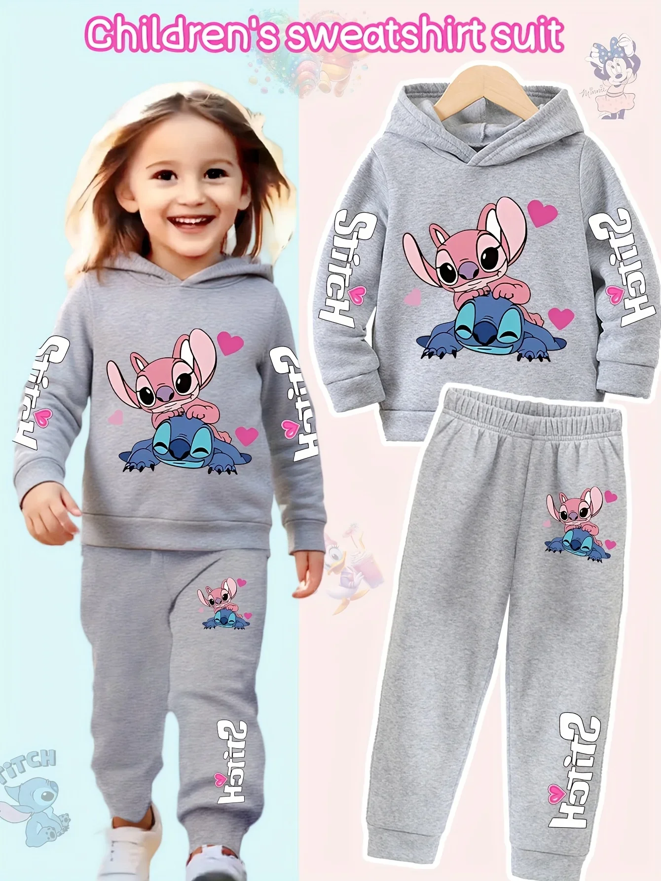 2025 Y2k Abbigliamento in due pezzi Felpa con cappuccio Lilo e Stitch Felpa per bambini a maniche lunghe per ragazze + Pantaloni Set per abbigliamento per neonati 2