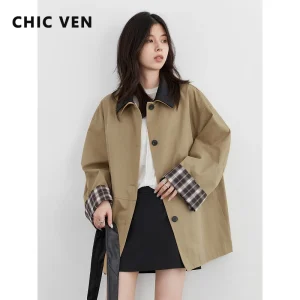 CHIC VEN Donne coreane Trench di media lunghezza monopetto Cappotto casual allentato Cappotto giacca a vento scozzese femminile Primavera Autunno 2025 1