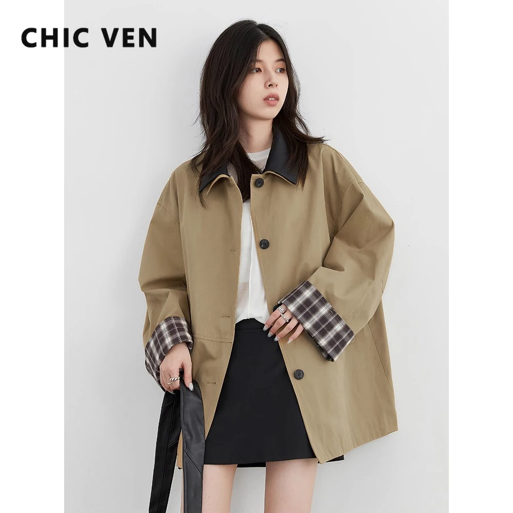 CHIC VEN Donne coreane Trench di media lunghezza monopetto Cappotto casual allentato Cappotto giacca a vento scozzese femminile Primavera Autunno 2025 1
