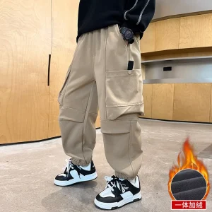 Pantaloni sportivi a gamba dritta foderati in pile ispessito di qualità autunno e inverno da ragazzo.4-16 anni 1