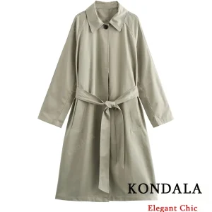 KONDALA Trench con cintura semplice Trench lungo sottile con risvolto da donna Nuovo 2024 Moda Primavera Autunno Elegante Trench per pendolari 1