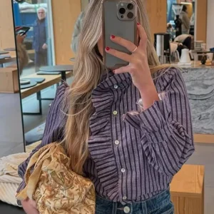 Yaphleet Donna Elegante Ruffles Camicie viola larghe 2025 Camicette casual da donna alla moda per festival Top chic femminili 1